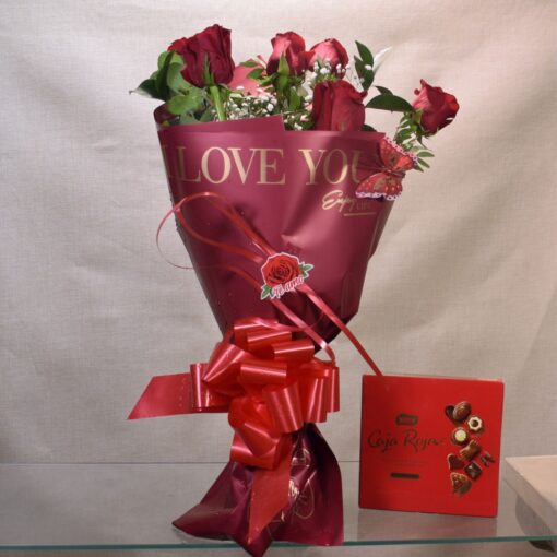 Ramo de 6 rosas rojas " I Love You" + Bombones