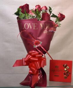Bouquet de 6 Rosas Rojas "I LOVE YOU" + Bombones